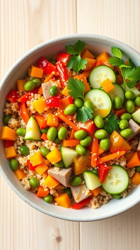 A colorful quinoa nourish bowl with bell peppers, carrots, cucumbers, edamame, and Asian dressing, garnished with sesame seeds and cilantro.